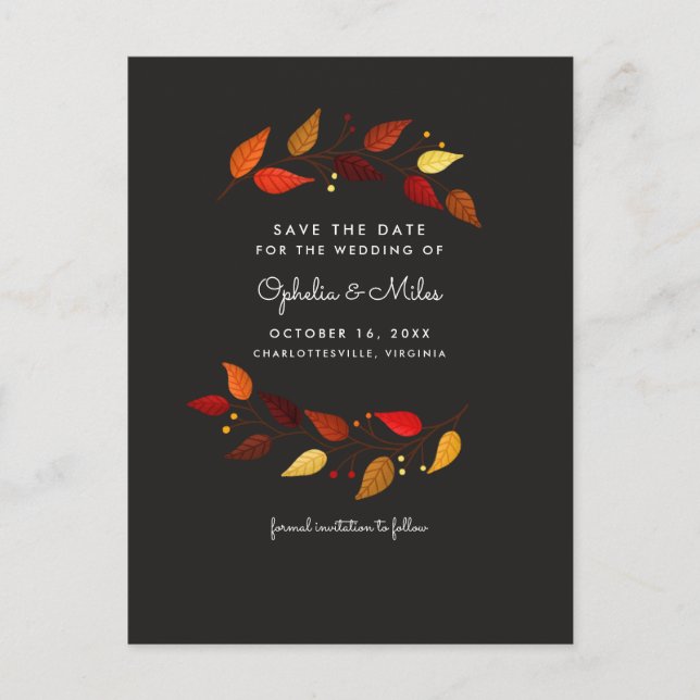 Gouache Autumn Leaves on Black Save the Date Announcement Postcard (Front)