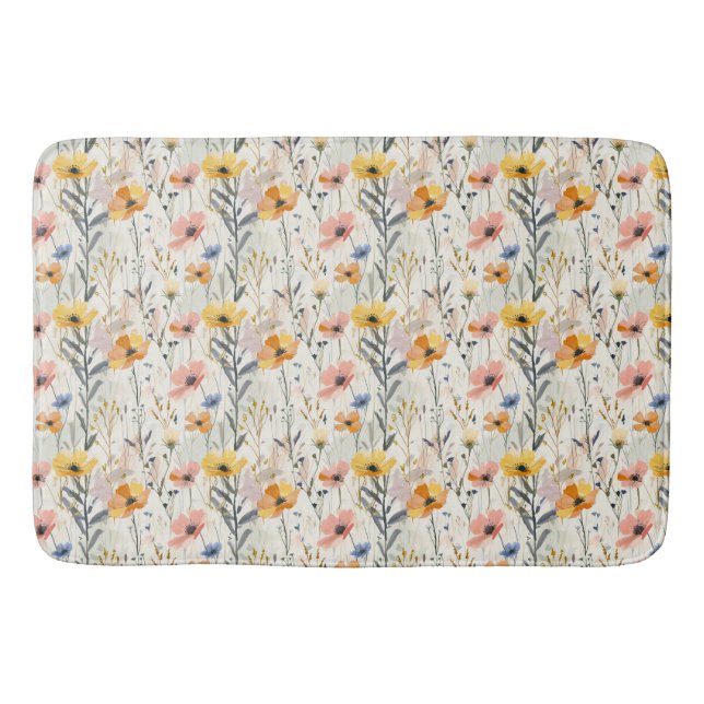 Gouache Meadow Flowers Pattern Bath Mat (Front)