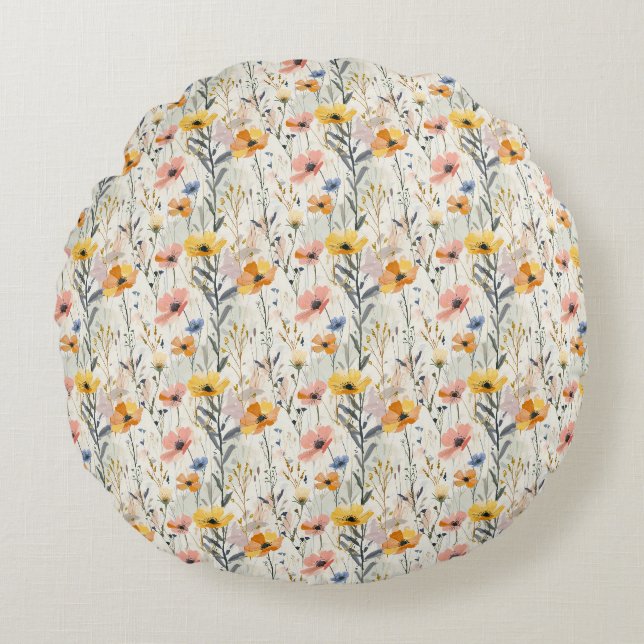 Gouache Meadow Flowers Pattern Round Pillow (Front)