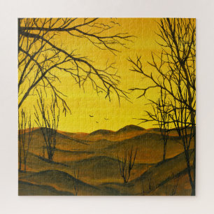 Gouache painting: yellow sky, brown. jigsaw puzzle