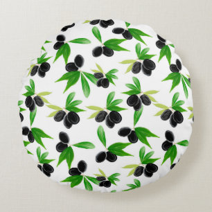 Gouache seamless pattern with olive tree branch, l round pillow
