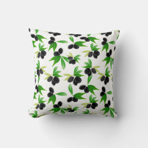 Gouache seamless pattern with olive tree branch, l throw pillow