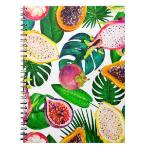Gouache seamless pattern with tropic leaves and fr notebook