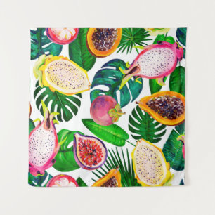 Gouache seamless pattern with tropic leaves and fr tapestry