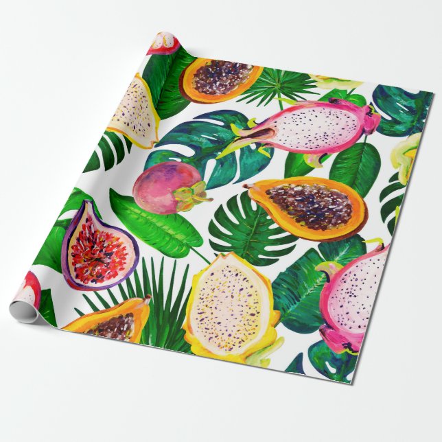 Gouache seamless pattern with tropic leaves and fr wrapping paper (Unrolled)