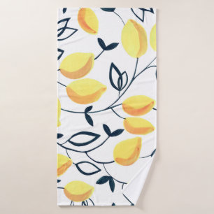 Gouache seamless pattern with yellow lemons and le bath towel