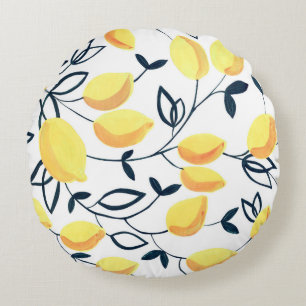 Gouache seamless pattern with yellow lemons and le round pillow