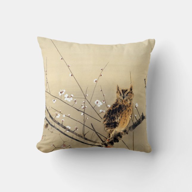 Goun Owl with Early Plum Blossoms Woodblock Throw Pillow (Front)