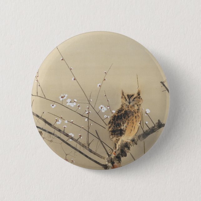 Goun's Owl and Early Plum Blossoms 2 Inch Round Button (Front)