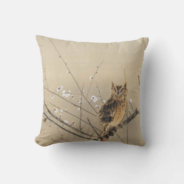 Goun's Owl and Early Plum Blossoms Throw Pillow (Front)