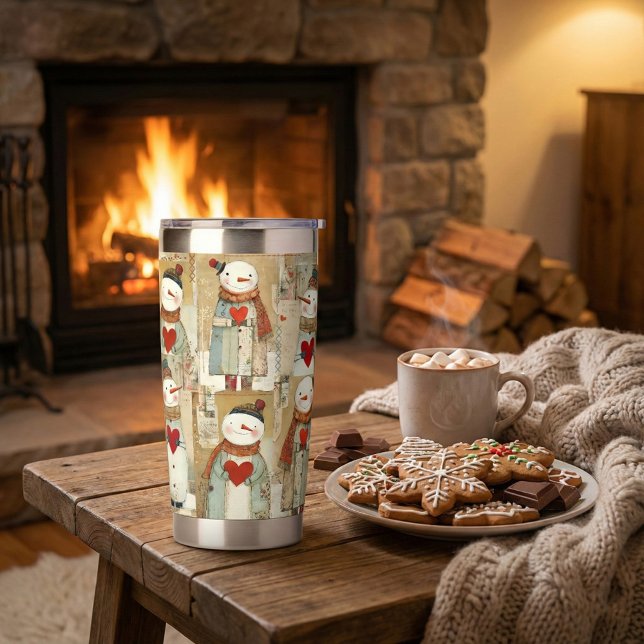 Gourde Isotherme Adorable Snowman Hearts Winter (Insulated tumbler featuring a whimsical pattern with snowmen carrying warm red heart)