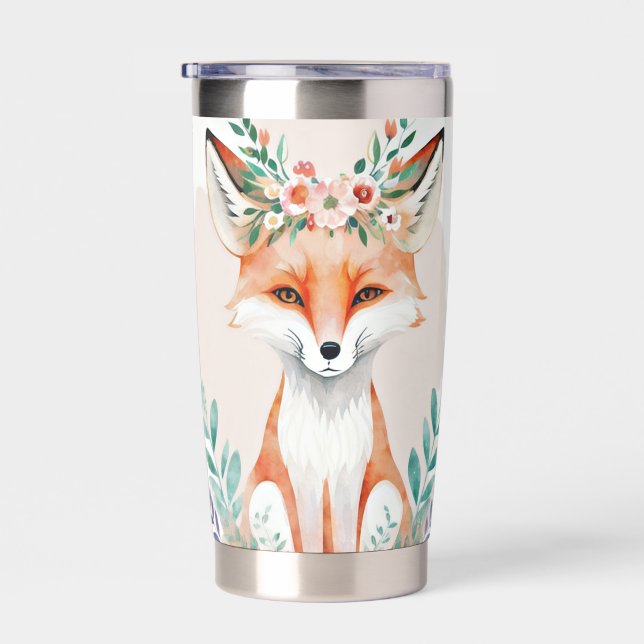 Gourde Isotherme Aquarelle florale renard personnalisé (Gauche)