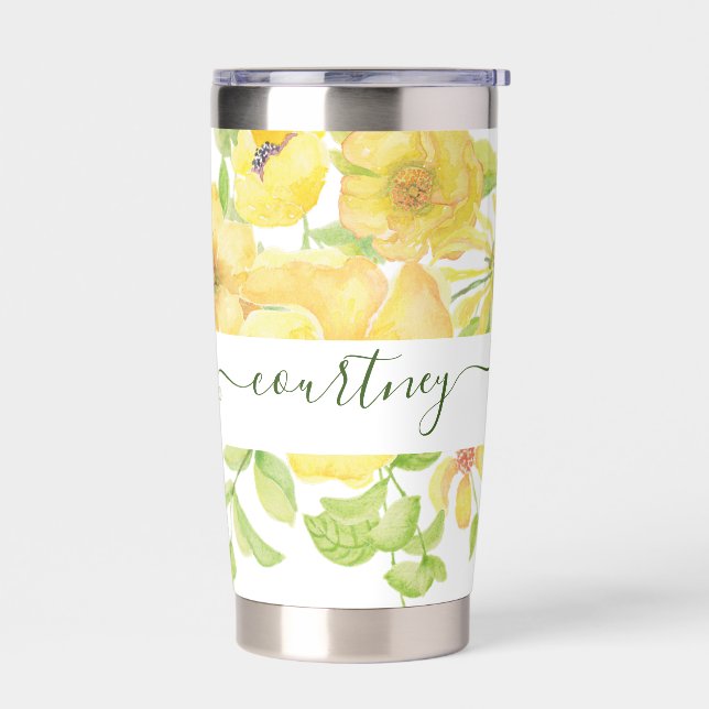 Gourde Isotherme Aquarelle jaune floral personnalisé (Gauche)