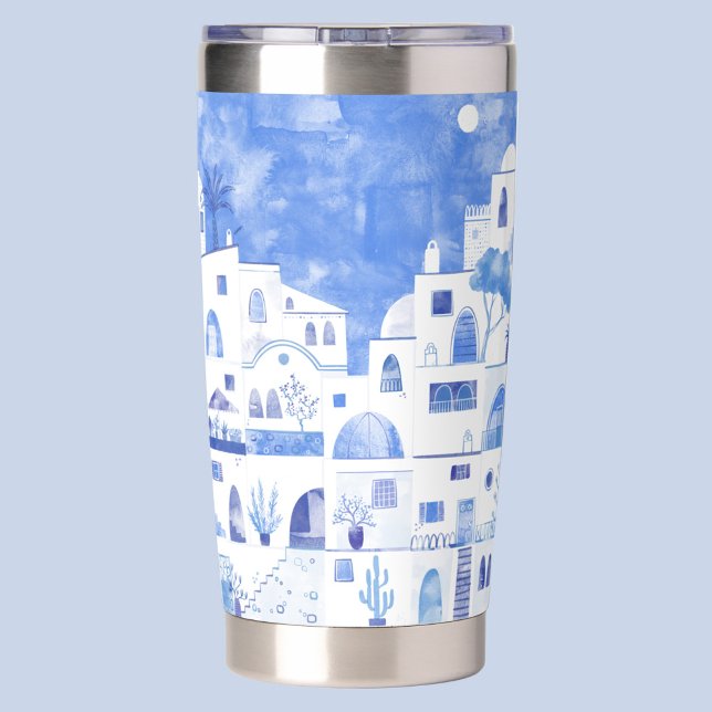 Gourde Isotherme Aquarelle Santorin Grèce (Oia Santorini Greece blue and white watercolor art insulated tumbler)