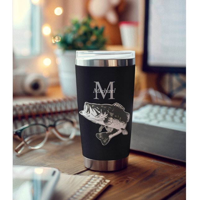 Gourde Isotherme Basse Personnalisé Pêche Monogramme En Plein Air R (Coffee Travel Mug Bass Fishing Monogram Cup for Anglers )