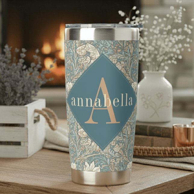 Gourde Isotherme Blue Floral William Morris Elegant Monogram (Créateur téléchargé)