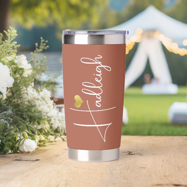 Gourde Isotherme Bridesmaid | Nom du script Gold Heart Terracotta (Mariage)