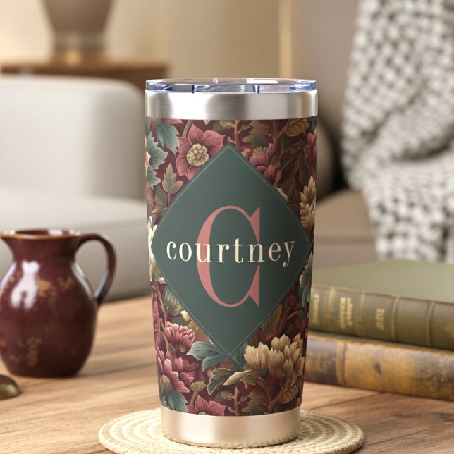 Gourde Isotherme Burgundy William Morris Floral Elegant Monogram  (Créateur téléchargé)