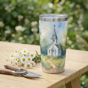 Gourde Isotherme Chemin rustique d'église dans une prairie de fleur