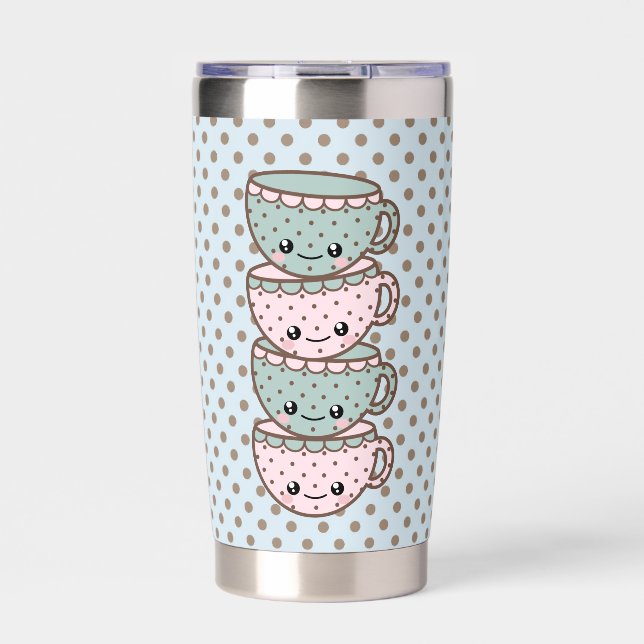 Gourde Isotherme Chibi Dotty Teacup Stack Rose et Bleu (Extérieur)