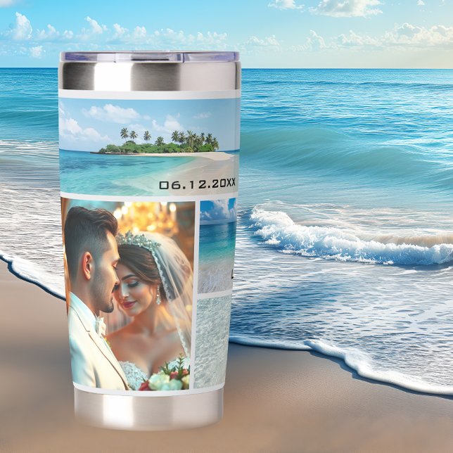 Gourde Isotherme Collage photo de mariage de plage ou de destinatio (Thermal tumbler featuring your photos to create a delightful keepsake of a beach/destination wedding)