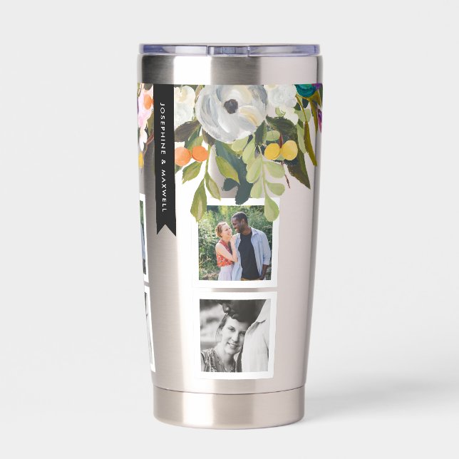 Gourde Isotherme Collage photo floral peint Noms personnalisés (Couvercle)