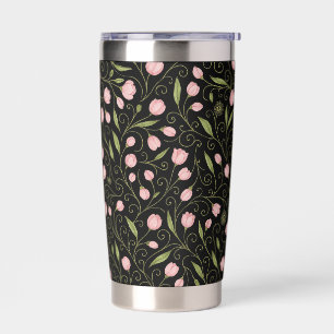 Gourde Isotherme Fleur mignonne, rose sur noir avec motif répétitif