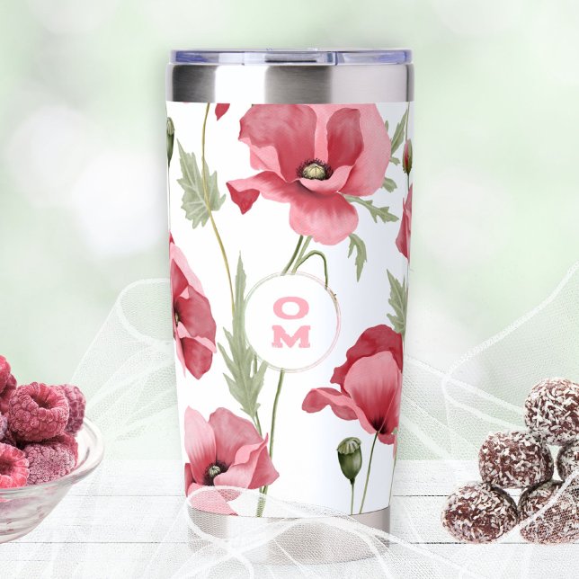 Gourde Isotherme Fleur sauvage blanc Monogramme Pink Poppy Romantiq (Romantic Pink Poppy Monogram Insulated Tumbler ©Susanne Sachers - Sunny Mind 🌞)