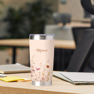 Gourde Isotherme Fleur sauvage pêche beige nom personnalisé script