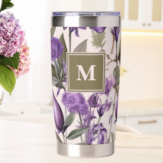 Gourde Isotherme Fleurs violettes Verdure Monogramme botanique (Purple floral and greenery thermal mug)