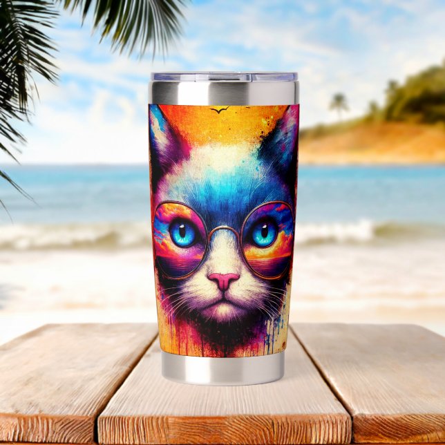 Gourde Isotherme Funky Colorful Cat Illustration  (Plage (pivotée))