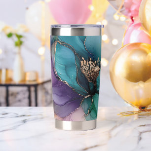 Gourde Isotherme Joli Aqua bleu violet or Floral