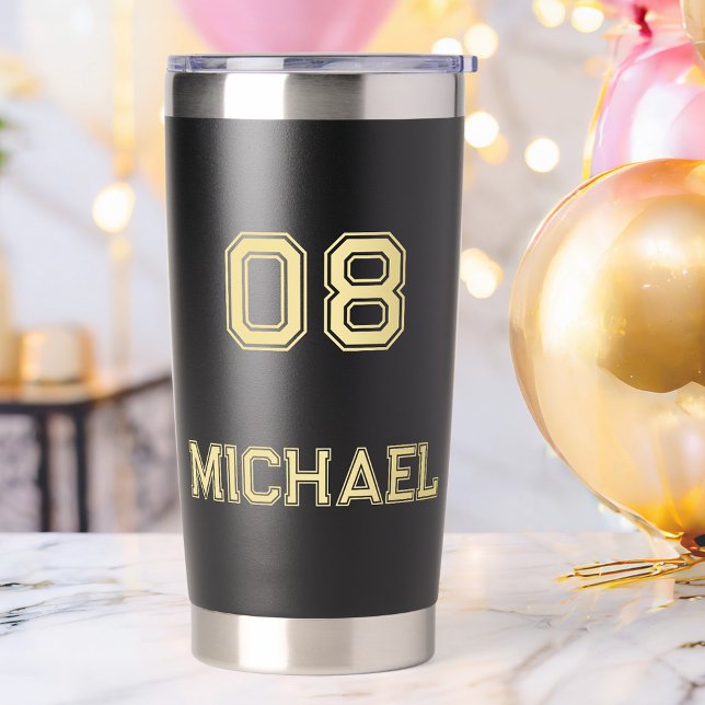 Gourde Isotherme Joueur Black Gold moderne Nom Jersey Numéro Sports (Modern Black Gold Player Name Jersey Number Sports Insulated Tumbler)