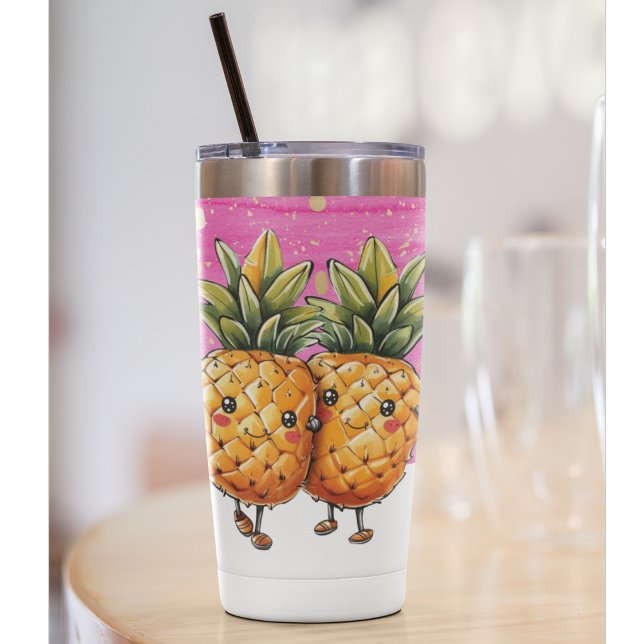 Gourde Isotherme Meilleurs amis Ananas Kawaii Ananas mignon rose (Fun bubbly travel mug for beach, pool or party. Kawaii BFF Pineapple Friends)