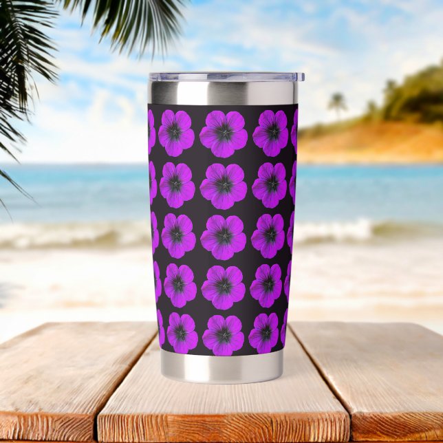 Gourde Isotherme Modèle floral de géranium violet sur noir (Avant)