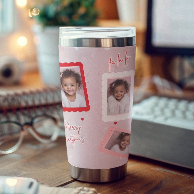 Gourde Isotherme Modern Blush Pink “Fa La La” Christmas Photo  (Créateur téléchargé)