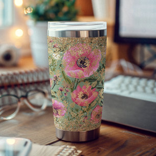Gourde Isotherme Moderne rose vert Floral Chic Parties scintillant 
