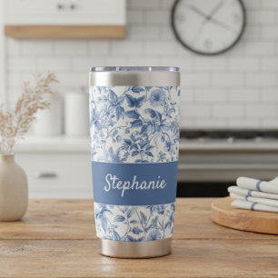 Gourde Isotherme Monogramme de toile florale bleue vintage