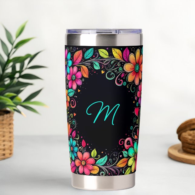 Gourde Isotherme Monogramme floral coloré personnalisé (Créateur téléchargé)