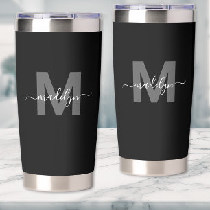 Gourde Isotherme Monogramme Moderne Noir Blanc Nom