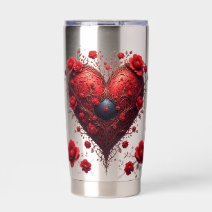 Gourde Isotherme Motif de cœur floral rouge avec des fleurs épanoui