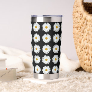 Gourde Isotherme Motif floral marguerrier blanc sur noir