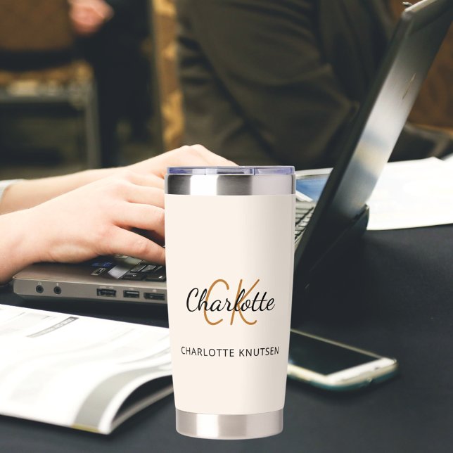 Gourde Isotherme Paraphes en monogramme beige nom simple (Créateur téléchargé)