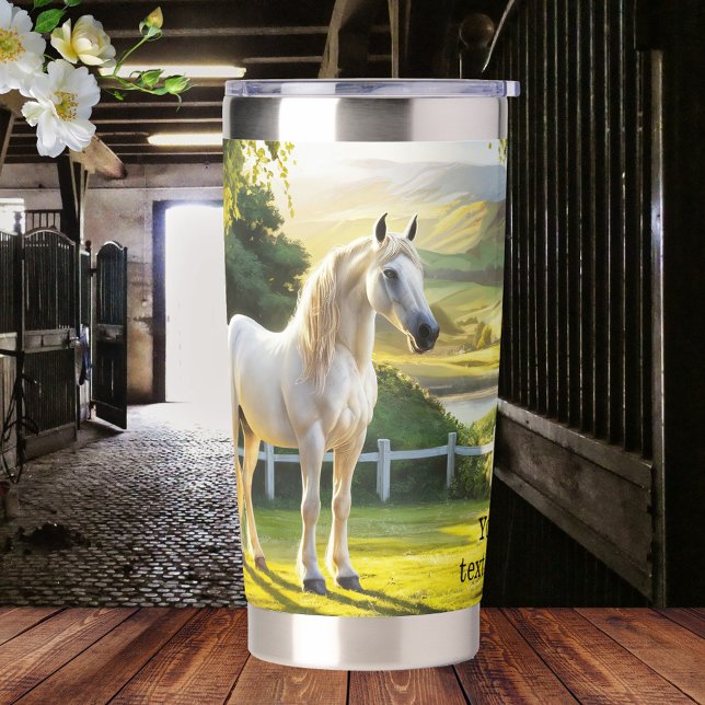 Gourde Isotherme Paysage de Cheval Blanc Peint Equin (Thermal tumbler featuring a painting of a white horse in a hilly landscape - equine - equestrian)
