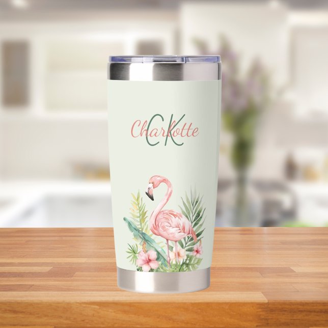 Gourde Isotherme Rose flamingo tropical monogramme vert (Créateur téléchargé)