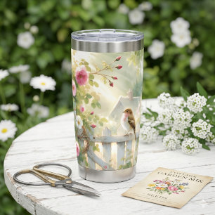 Gourde Isotherme Scène aquarelle d'oiseau aux roses de jardin