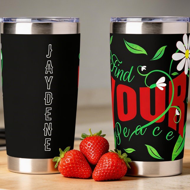 Gourde Isotherme Script Text With Vines And Flowers (Affirmation thermal mug with daisies and custom name area. Cute and different.)