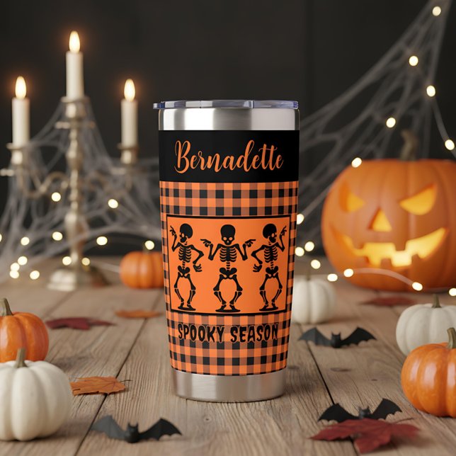 Gourde Isotherme Spooky Season Skeleton Trio Orange & Black Plaid  (Créateur téléchargé)