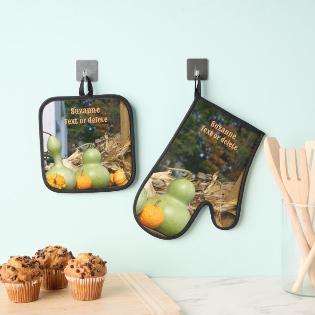 Gourds And Cornstalks Country Fall Personalized Oven Mitt & Pot Holder Set (Insitu(Hanging))