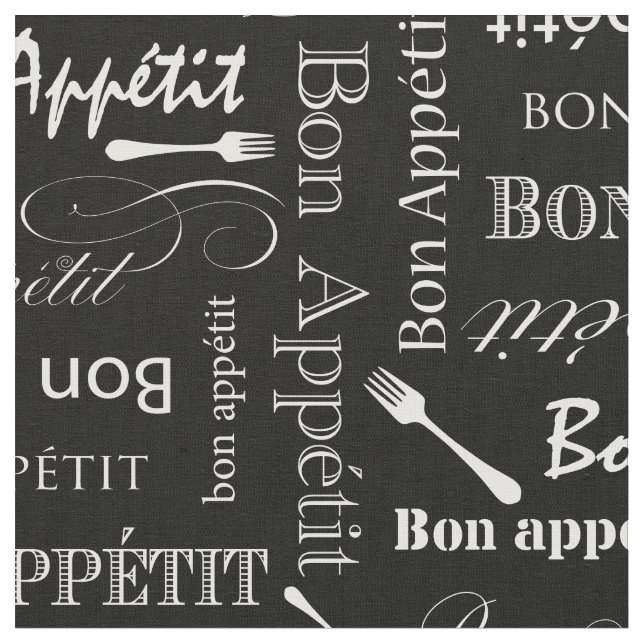 Gourmet Kitchen Bon Appetit Black and White Fabric (Close Up)
